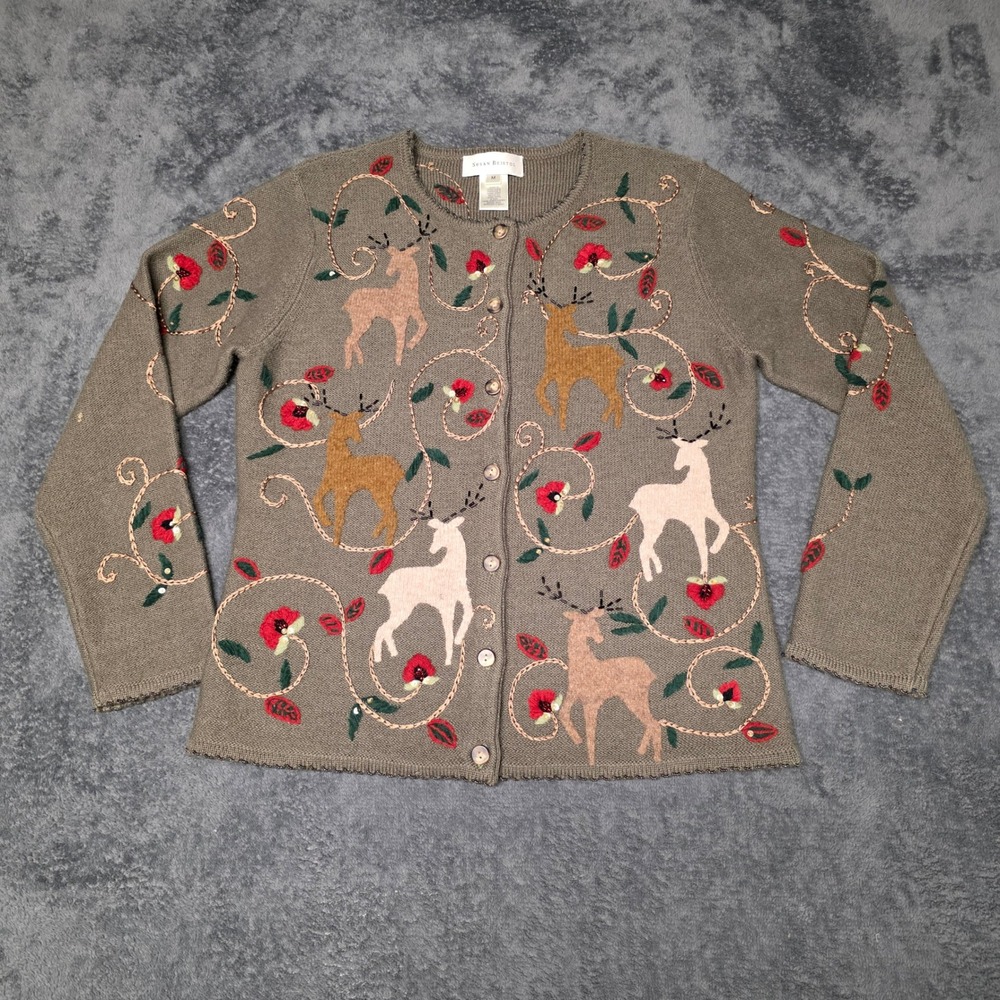 Vintage Susan Bristol Cardigan Womens M Embroidered Deer Floral Sweater Olive